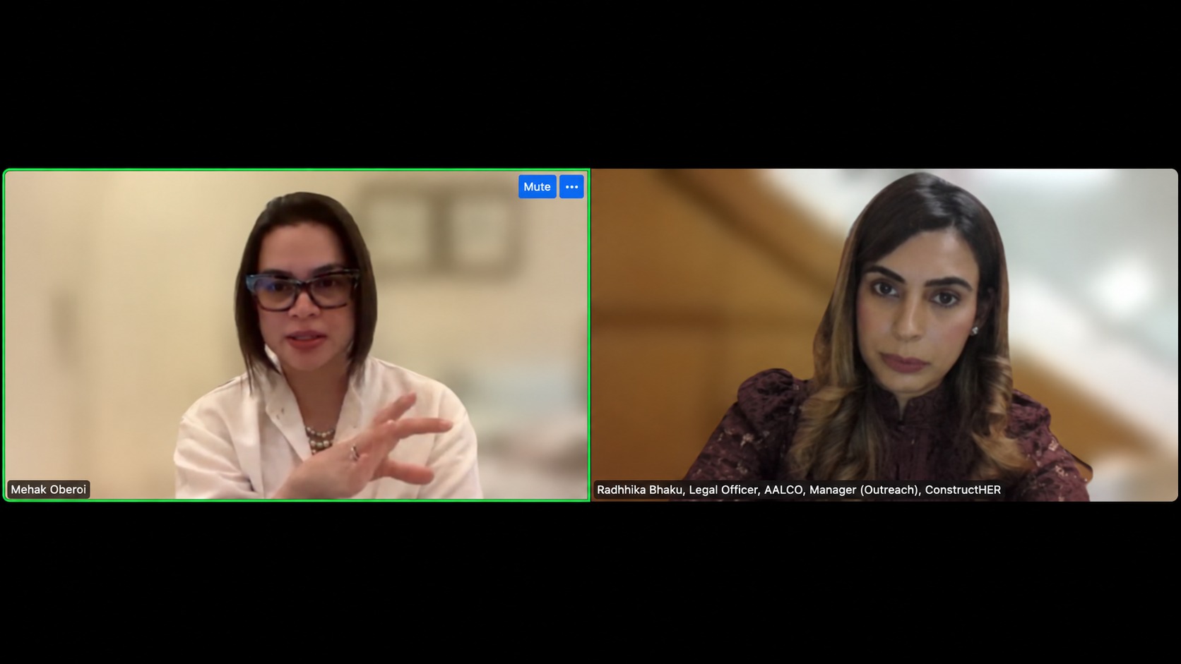 Mehak Oberoi and Radhika Bhakoo in discussion during the 1 October construction disputes webinar